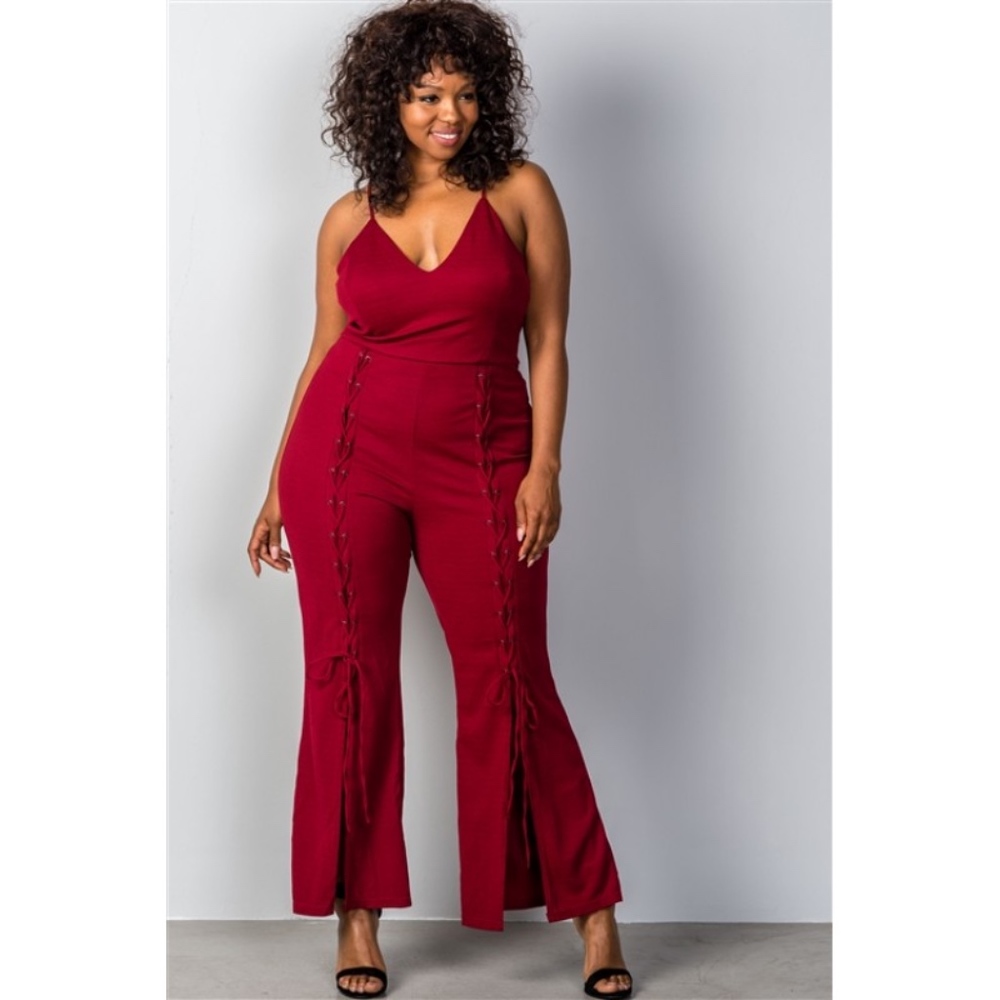 Wide Split Leg Lace-Up Plus Size Jumpsuit (Black) - Picture 6 of 6